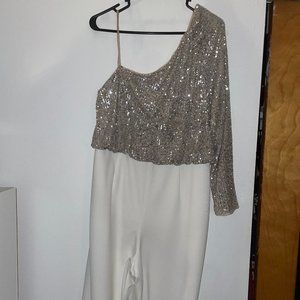 Adrianna Papell Women's One-Shoulder Sequined Jumpsuit, Silver/White